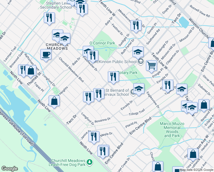 map of restaurants, bars, coffee shops, grocery stores, and more near 5484 Freshwater Drive in Mississauga