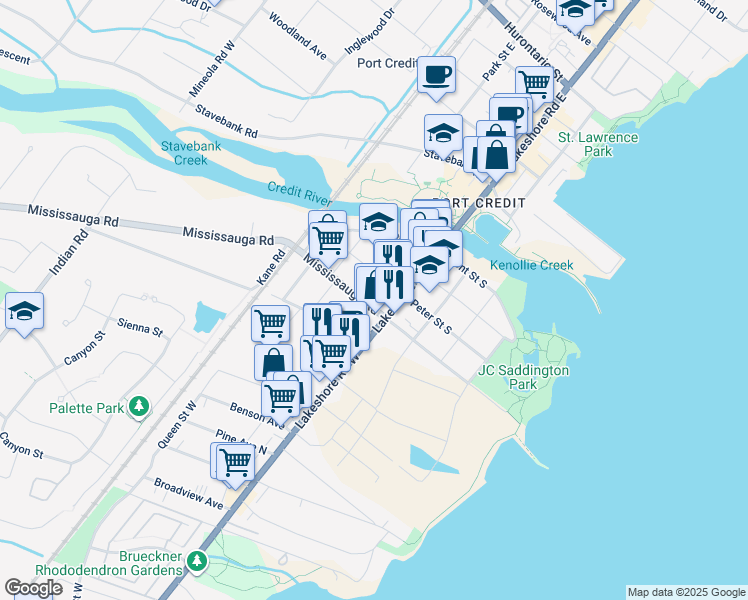map of restaurants, bars, coffee shops, grocery stores, and more near in Mississauga