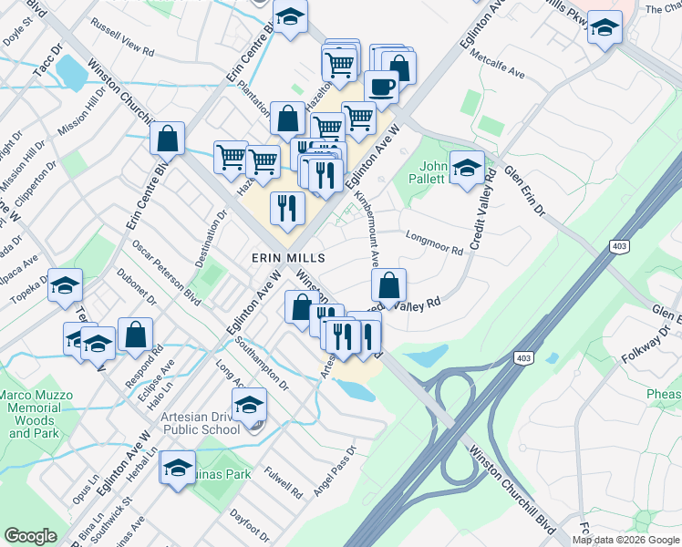 map of restaurants, bars, coffee shops, grocery stores, and more near in Mississauga