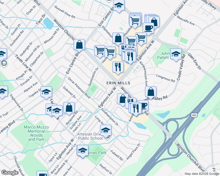 map of restaurants, bars, coffee shops, grocery stores, and more near in Mississauga