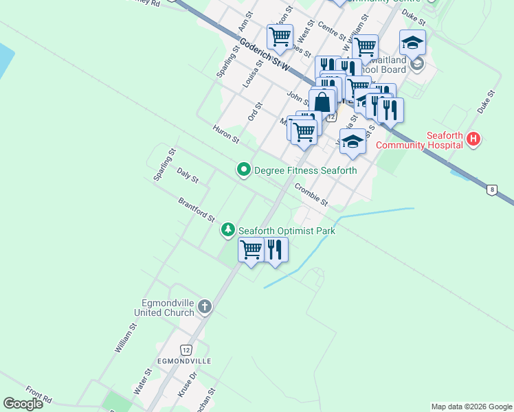 map of restaurants, bars, coffee shops, grocery stores, and more near 132 Sills Street in Huron County