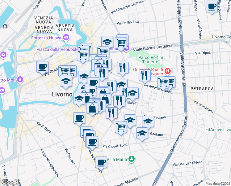 map of restaurants, bars, coffee shops, grocery stores, and more near 52 Via C. Battisti in Livorno