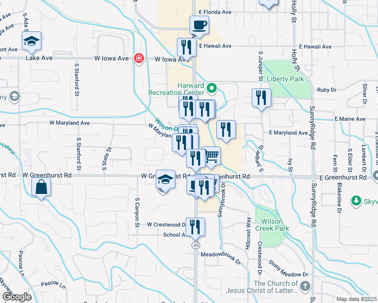 map of restaurants, bars, coffee shops, grocery stores, and more near 2117 12th Avenue Road in Nampa