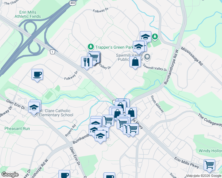 map of restaurants, bars, coffee shops, grocery stores, and more near 2138 Burbank Drive in Mississauga