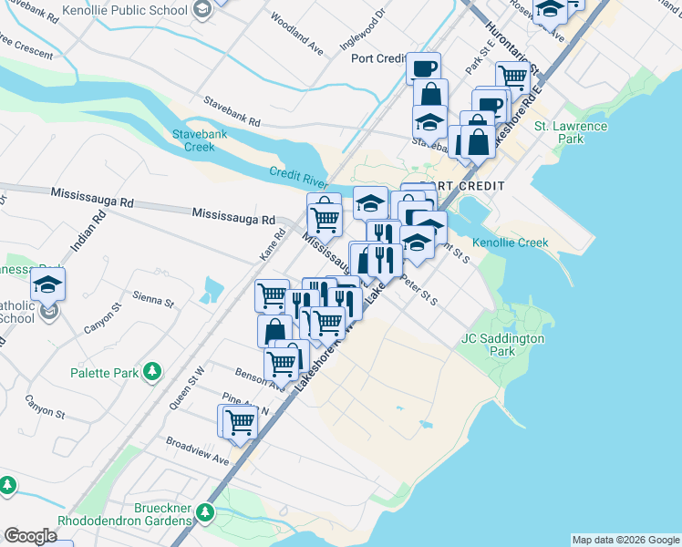 map of restaurants, bars, coffee shops, grocery stores, and more near in Mississauga
