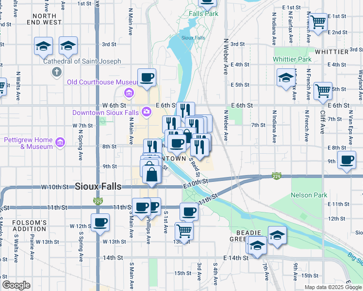 map of restaurants, bars, coffee shops, grocery stores, and more near 324 East 8th Street in Sioux Falls