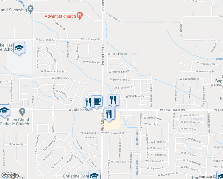 map of restaurants, bars, coffee shops, grocery stores, and more near 5993 South Manzanita Avenue in Boise