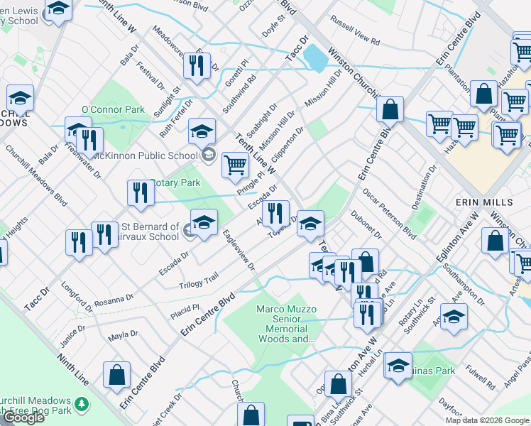 map of restaurants, bars, coffee shops, grocery stores, and more near in Mississauga