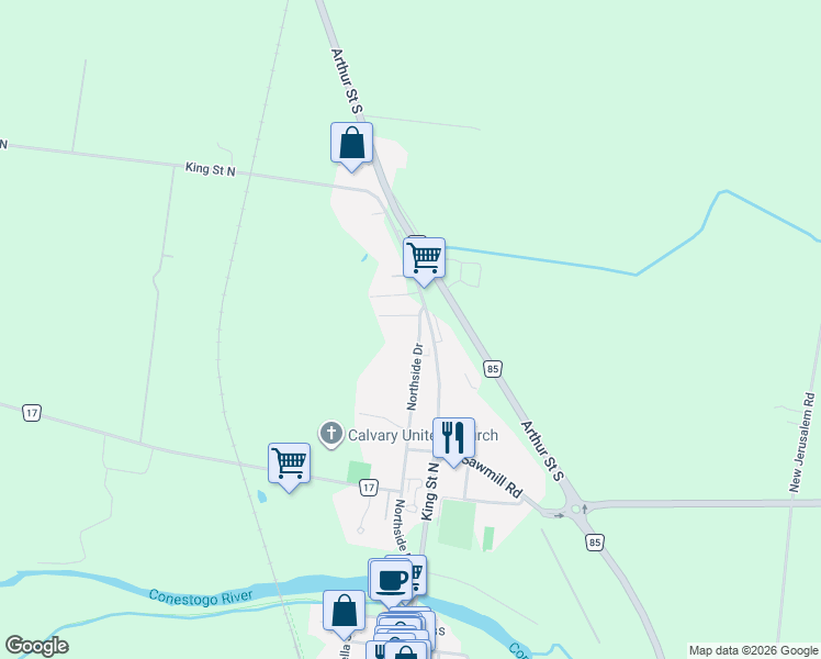map of restaurants, bars, coffee shops, grocery stores, and more near 109 Northside Drive in St. Jacobs