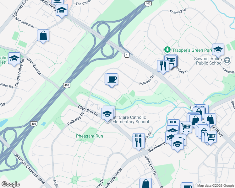map of restaurants, bars, coffee shops, grocery stores, and more near 4170 Treetop Crescent in Mississauga