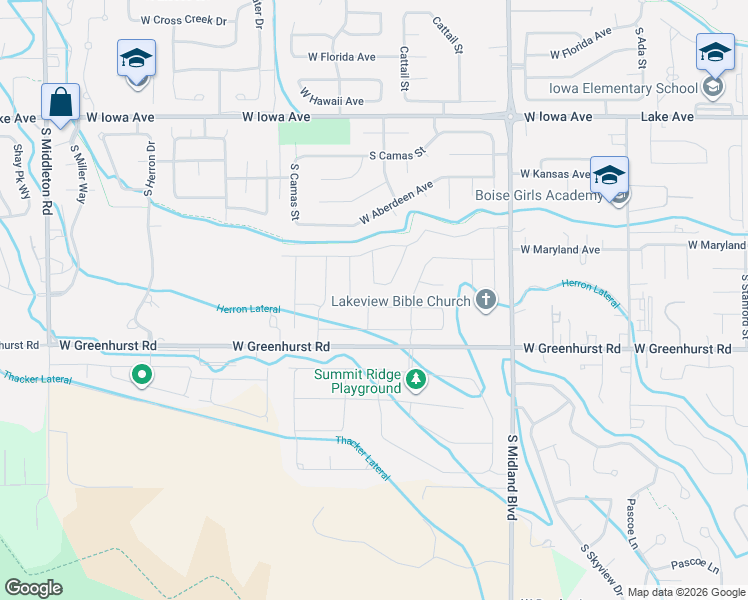 map of restaurants, bars, coffee shops, grocery stores, and more near 1414 West Cactus Street in Nampa