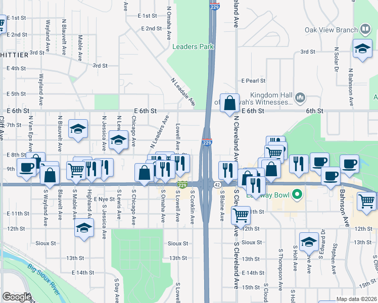 map of restaurants, bars, coffee shops, grocery stores, and more near 116 North Lowell Avenue in Sioux Falls