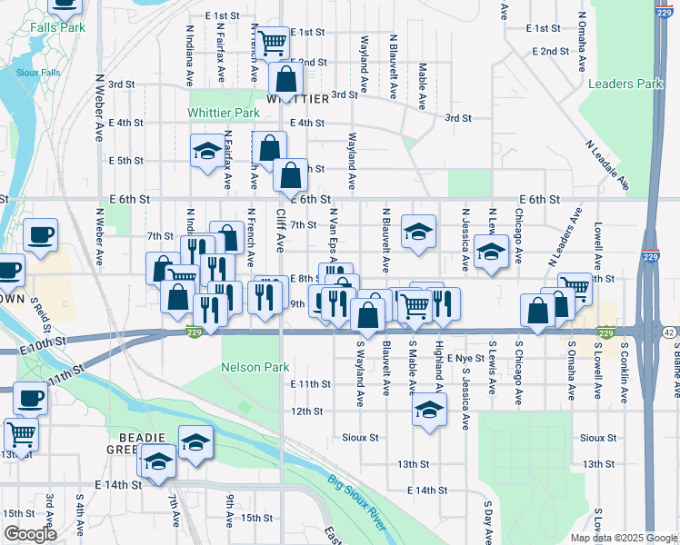 map of restaurants, bars, coffee shops, grocery stores, and more near 1420 East 9th Street in Sioux Falls
