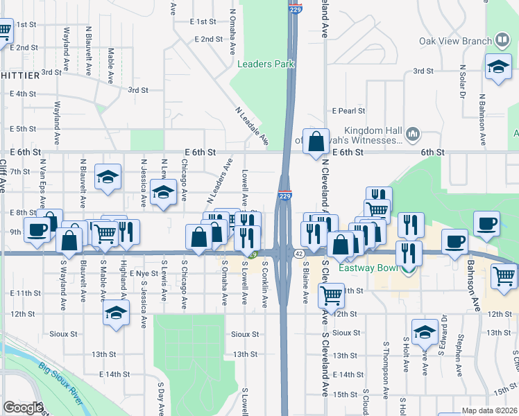 map of restaurants, bars, coffee shops, grocery stores, and more near 116 North Lowell Avenue in Sioux Falls