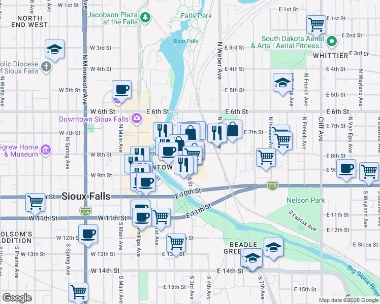 map of restaurants, bars, coffee shops, grocery stores, and more near 326 East 8th Street in Sioux Falls