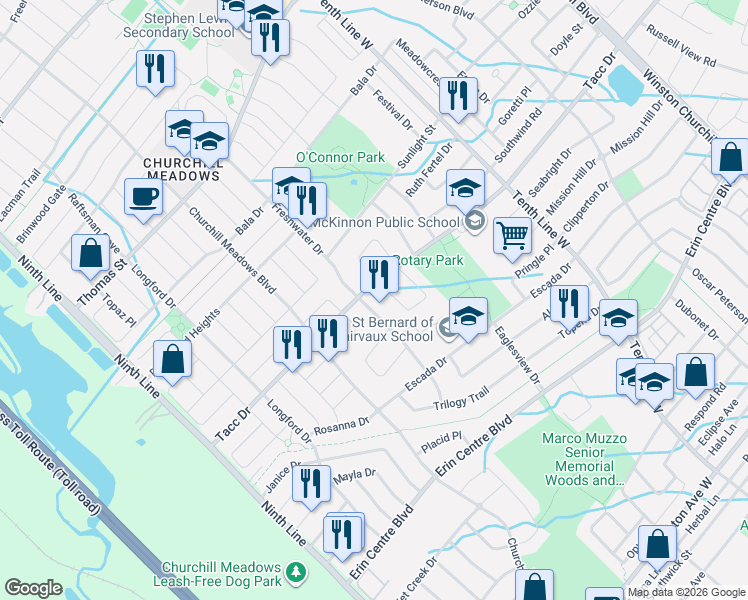 map of restaurants, bars, coffee shops, grocery stores, and more near 5475 Freshwater Drive in Mississauga