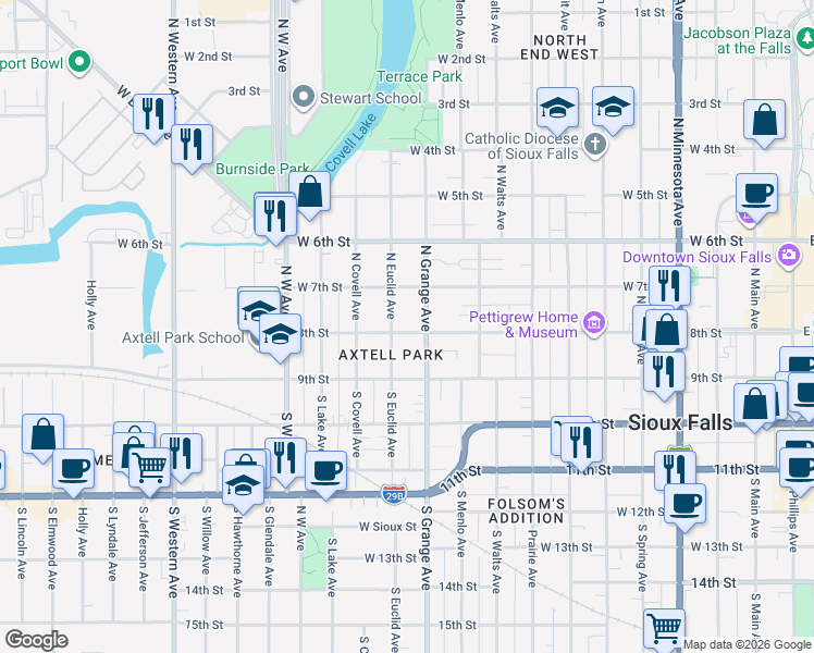 map of restaurants, bars, coffee shops, grocery stores, and more near 222 North Euclid Avenue in Sioux Falls