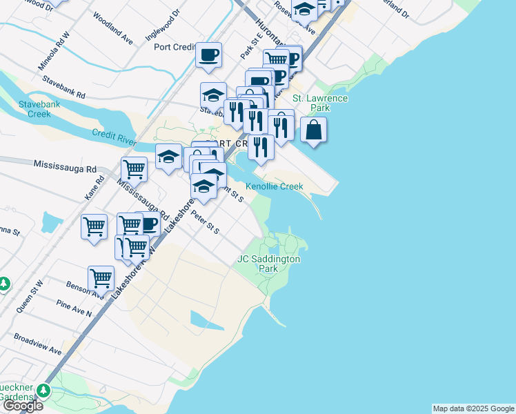 map of restaurants, bars, coffee shops, grocery stores, and more near 35 Front Street South in Mississauga