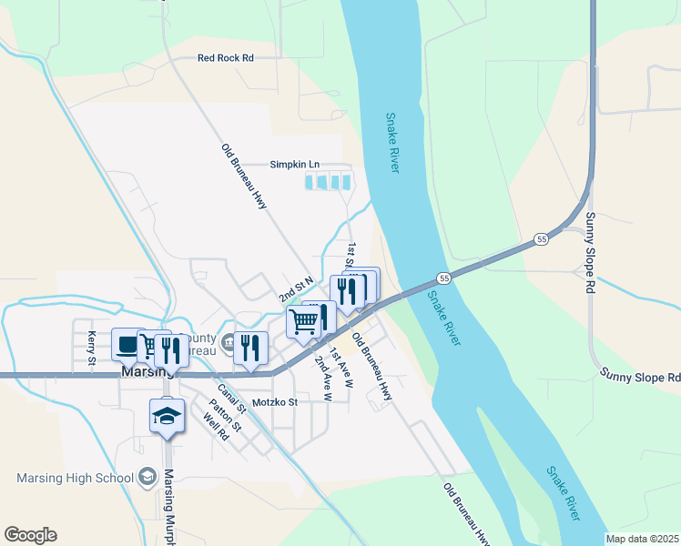 map of restaurants, bars, coffee shops, grocery stores, and more near 138 1st Street North in Marsing