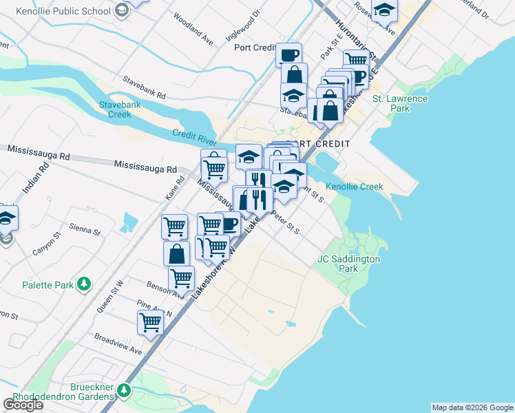 map of restaurants, bars, coffee shops, grocery stores, and more near 52 High Street West in Mississauga
