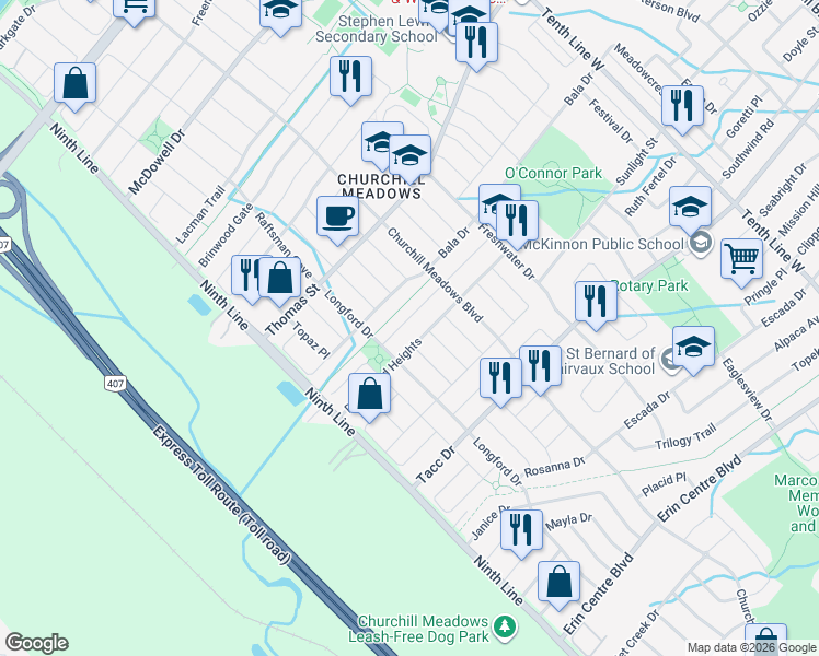 map of restaurants, bars, coffee shops, grocery stores, and more near 3798 Arbourview Terrace in Mississauga