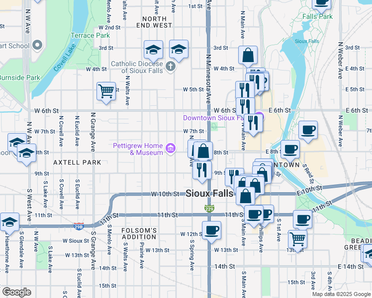 map of restaurants, bars, coffee shops, grocery stores, and more near 507 West 7th Street in Sioux Falls