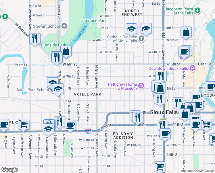 map of restaurants, bars, coffee shops, grocery stores, and more near 234 North Trapp Avenue in Sioux Falls
