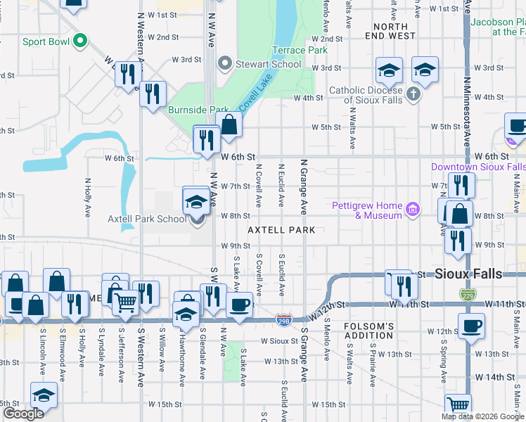 map of restaurants, bars, coffee shops, grocery stores, and more near 1118 West 8th Street in Sioux Falls