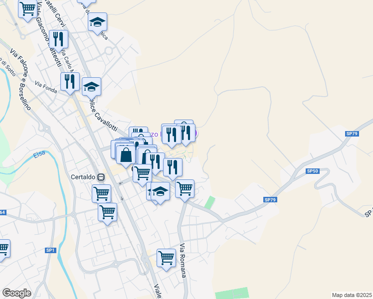 map of restaurants, bars, coffee shops, grocery stores, and more near 25 Via Valdracca in Certaldo