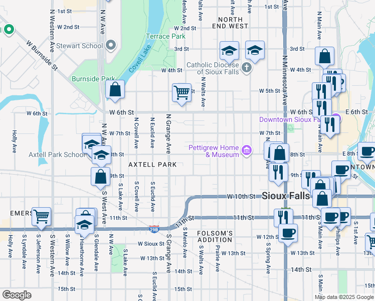 map of restaurants, bars, coffee shops, grocery stores, and more near 234 North Trapp Avenue in Sioux Falls