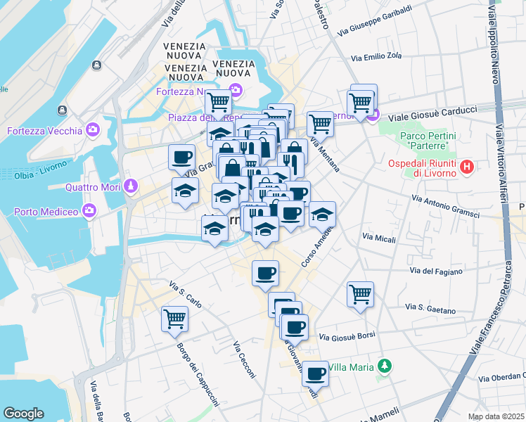 map of restaurants, bars, coffee shops, grocery stores, and more near 112 Via Buontalenti in Livorno