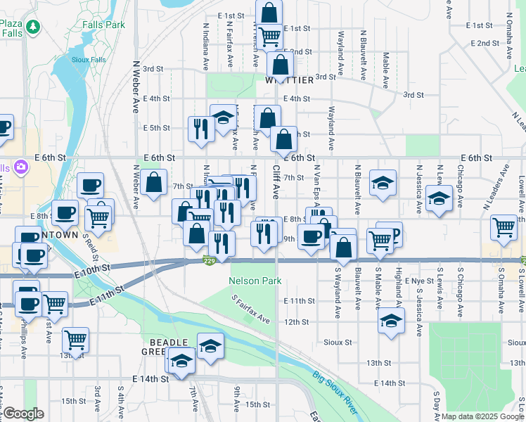 map of restaurants, bars, coffee shops, grocery stores, and more near 216 North French Avenue in Sioux Falls