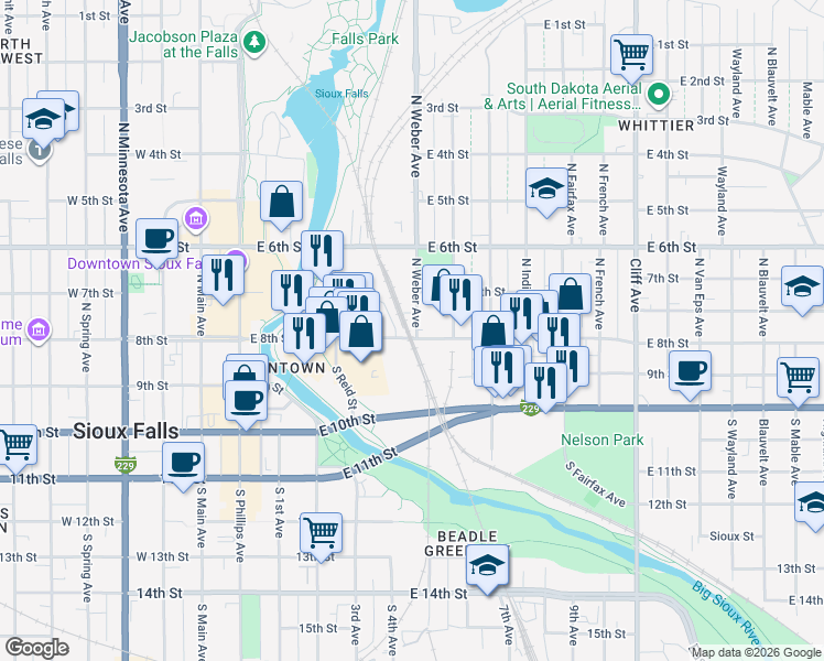 map of restaurants, bars, coffee shops, grocery stores, and more near 201 North Weber Avenue in Sioux Falls