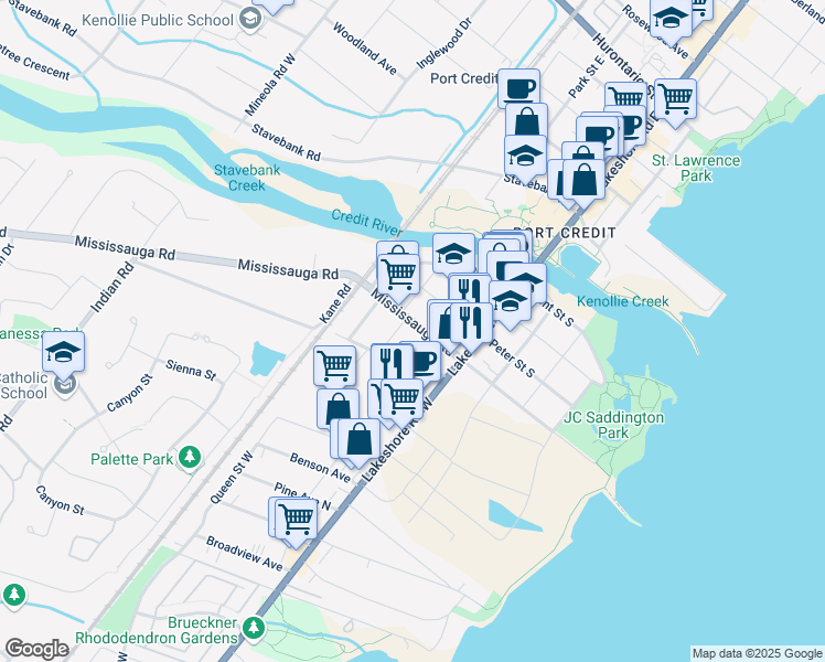 map of restaurants, bars, coffee shops, grocery stores, and more near 36 Mississauga Road North in Mississauga