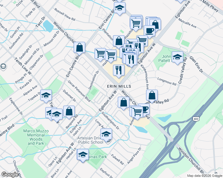 map of restaurants, bars, coffee shops, grocery stores, and more near 5005 Harvard Road in Mississauga