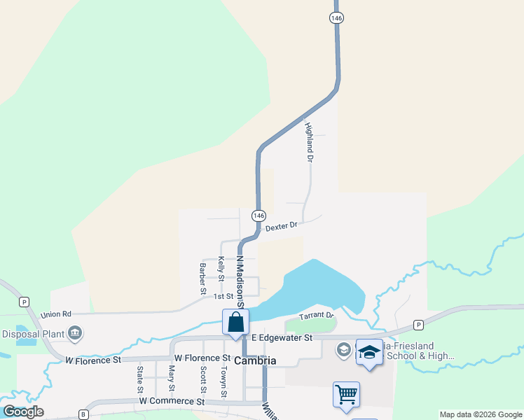 map of restaurants, bars, coffee shops, grocery stores, and more near 505 North Madison Street in Cambria