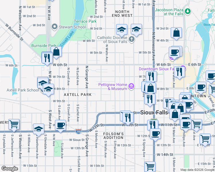 map of restaurants, bars, coffee shops, grocery stores, and more near in Sioux Falls