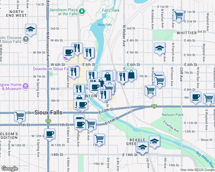 map of restaurants, bars, coffee shops, grocery stores, and more near 326 East 8th Street in Sioux Falls