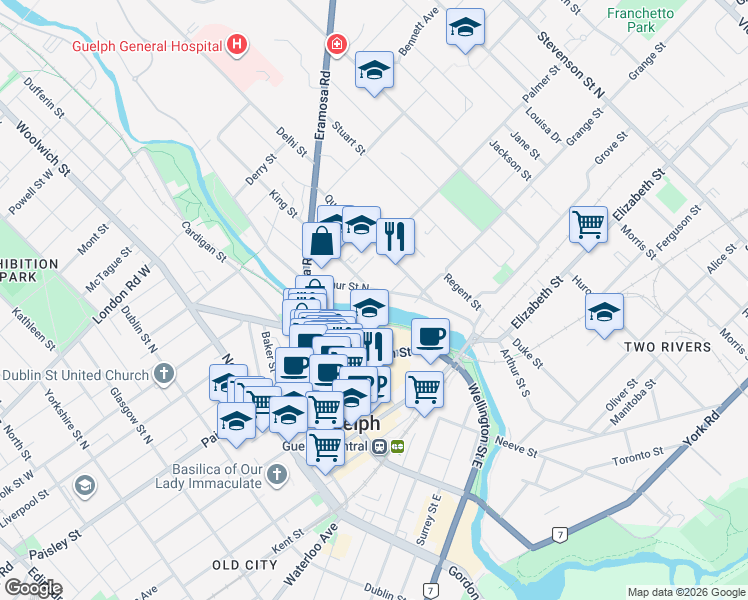 map of restaurants, bars, coffee shops, grocery stores, and more near in Guelph