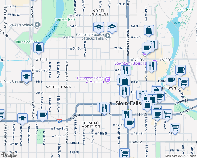 map of restaurants, bars, coffee shops, grocery stores, and more near 228 North Prairie Avenue in Sioux Falls