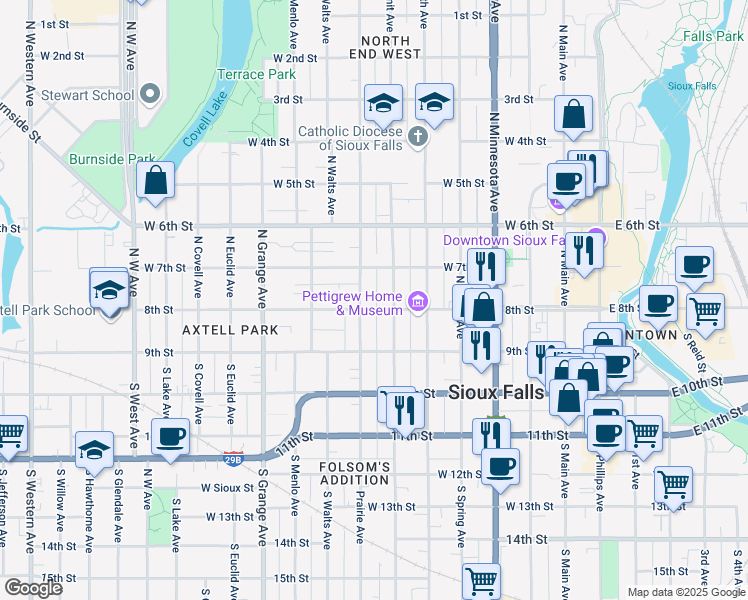 map of restaurants, bars, coffee shops, grocery stores, and more near 228 North Prairie Avenue in Sioux Falls