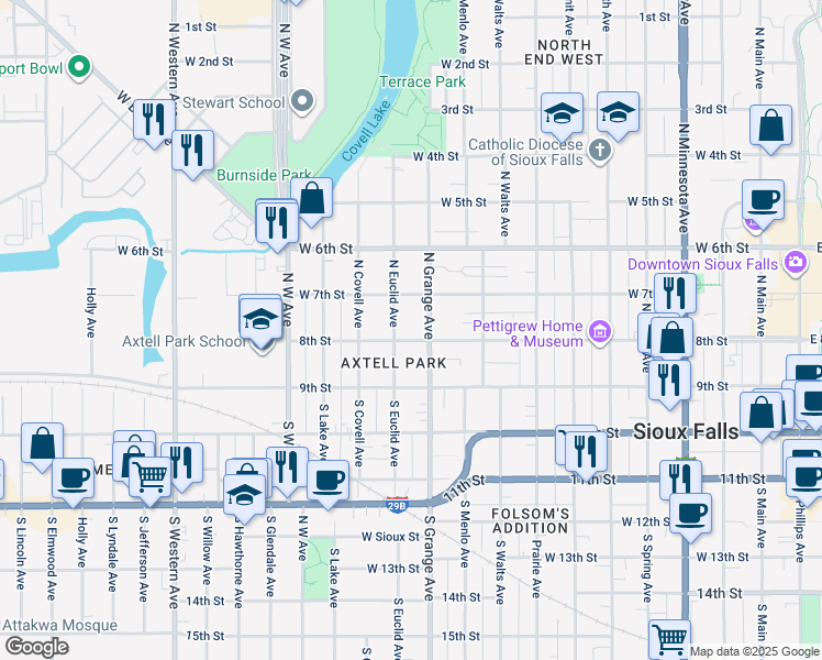 map of restaurants, bars, coffee shops, grocery stores, and more near 222 North Euclid Avenue in Sioux Falls