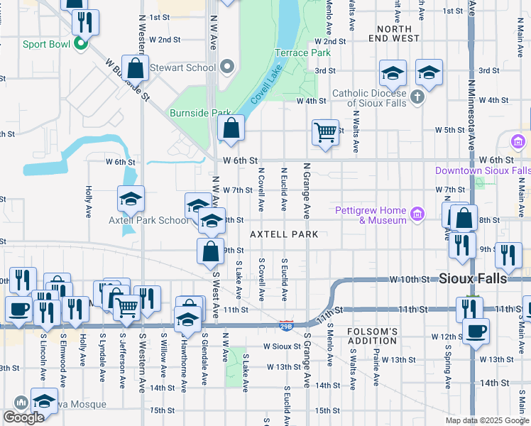 map of restaurants, bars, coffee shops, grocery stores, and more near 218 North Covell Avenue in Sioux Falls