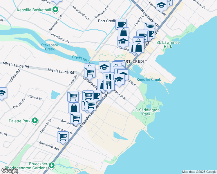 map of restaurants, bars, coffee shops, grocery stores, and more near 150 Lakeshore Road West in Mississauga