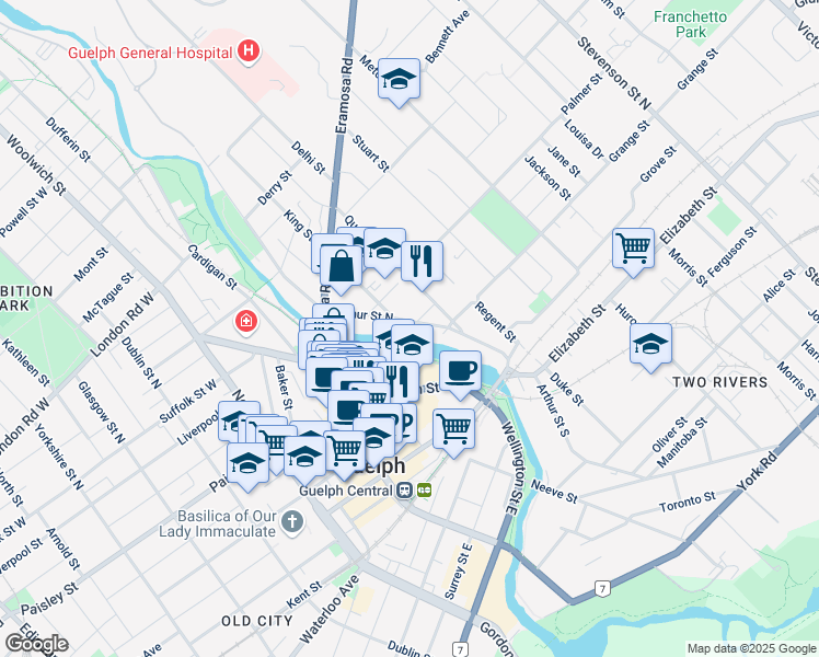 map of restaurants, bars, coffee shops, grocery stores, and more near 92 Arthur Street North in Guelph