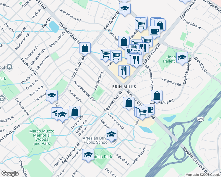map of restaurants, bars, coffee shops, grocery stores, and more near 5035 Harvard Road in Mississauga