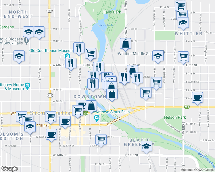 map of restaurants, bars, coffee shops, grocery stores, and more near 324 East 8th Street in Sioux Falls
