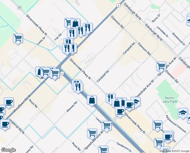 map of restaurants, bars, coffee shops, grocery stores, and more near in Guelph