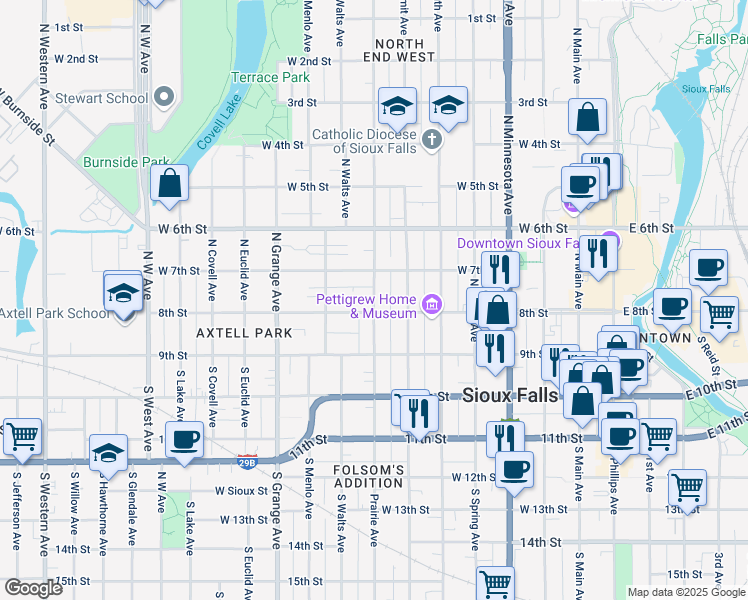 map of restaurants, bars, coffee shops, grocery stores, and more near 228 North Prairie Avenue in Sioux Falls