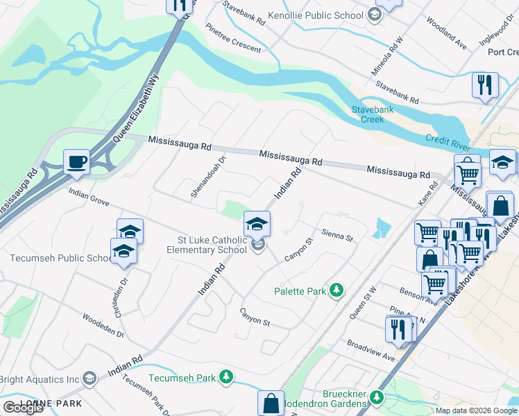 map of restaurants, bars, coffee shops, grocery stores, and more near in Mississauga